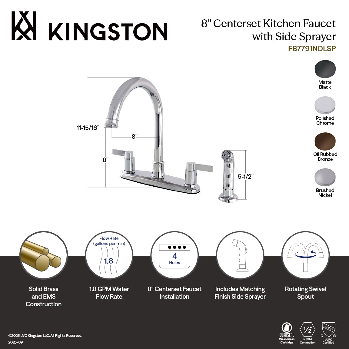 Kingston Tulare FB7791NDLSP - NuvoFusion Two-Handle 4-Hole 8" Centerset Kitchen Faucet with Side Sprayer, Polished Chrome — thumbnail 3